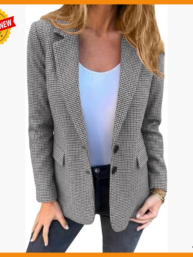 Tweed Blazer With Houndstooth Plaid Full Lining Business Casual Office Jacket